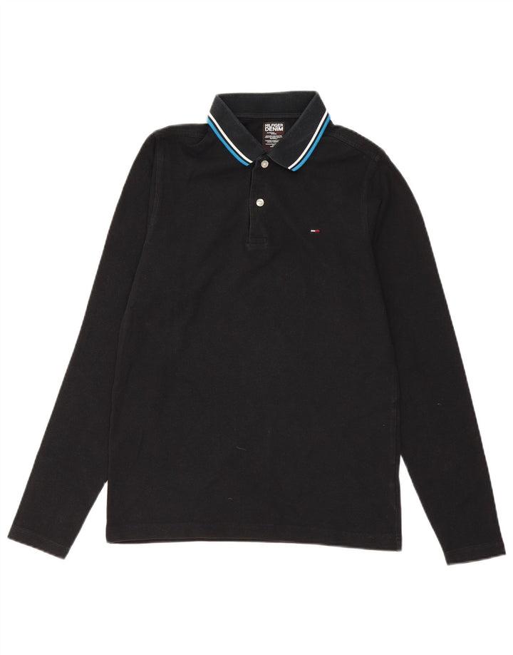 TOMMY HILFIGER Herren-Langarm-Poloshirt aus mittelschwarzer Baumwolle