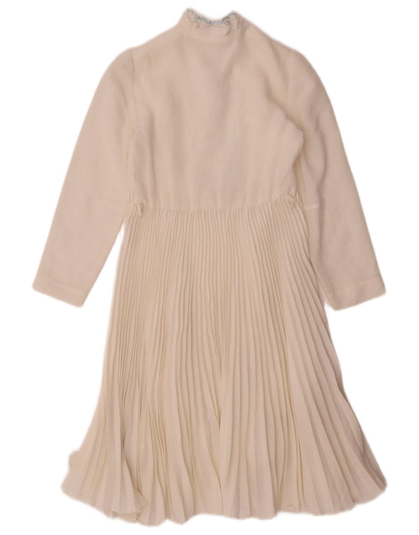 Vintage Damen 3/4-Ärmel-A-Linien-Kleid UK 4 XS Beige kariertes Polyester