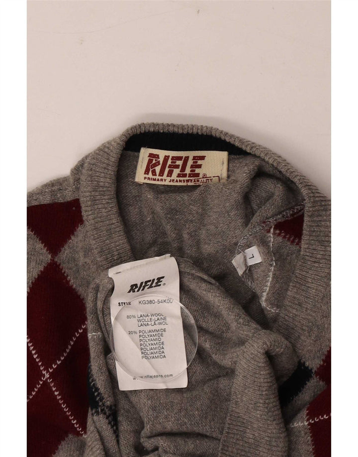 Rifle Herren-Pullover mit V-Ausschnitt, groß, graue Argyle-/Diamantwolle