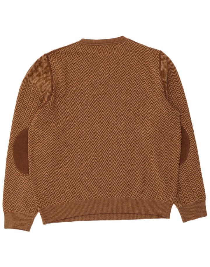 Massimo Dutti Herren-Pullover mit V-Ausschnitt, große braune Wolle mit Fischgrätenmuster