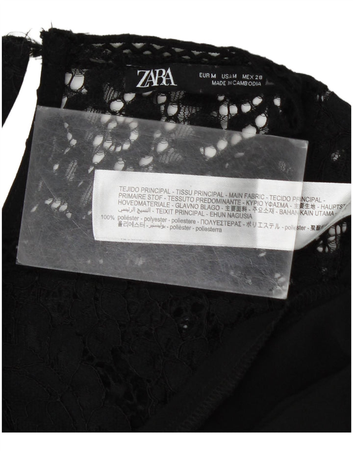 Zara Damen Langarm-Basic-Kleid UK 14 Mittelschwarzes Blumenmuster aus Polyester