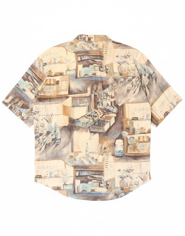 Benetton Herren Grafik-Kurzarmhemd XL Beige Patchwork Baumwolle