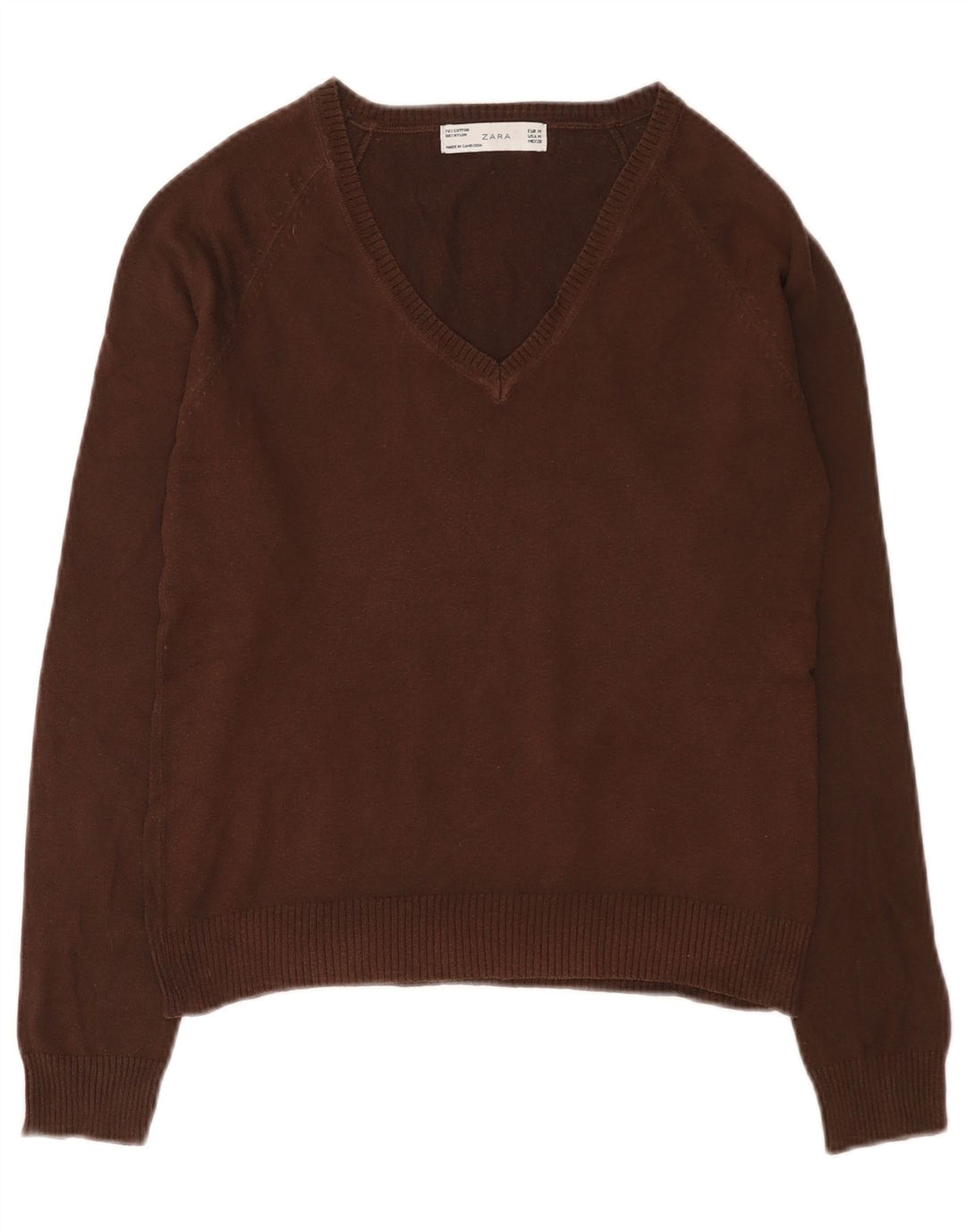 Zara Damen-Pullover mit V-Ausschnitt, UK 12, mittelbraune Baumwolle