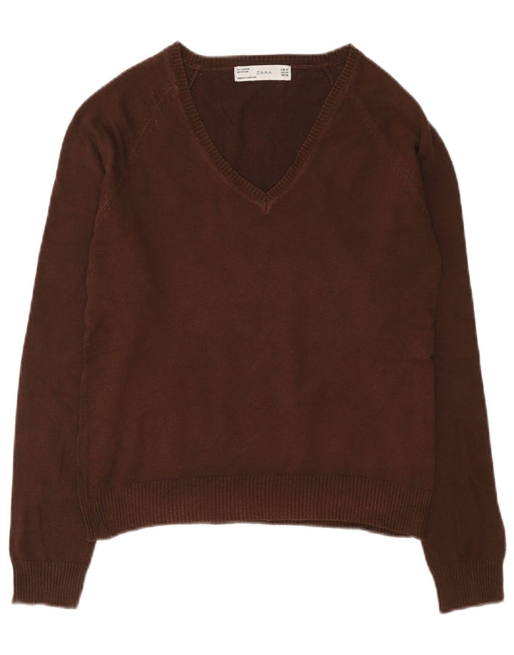 Zara Damen-Pullover mit V-Ausschnitt, UK 12, mittelbraune Baumwolle