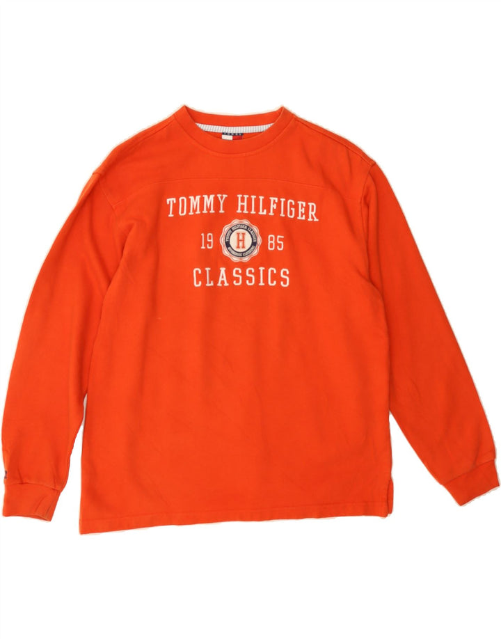 TOMMY HILFIGER Womens Graphic Sweatshirt Jumper UK 14 Medium Orange Cotton Vintage Tommy Hilfiger and Second-Hand Tommy Hilfiger from Messina Hembry 