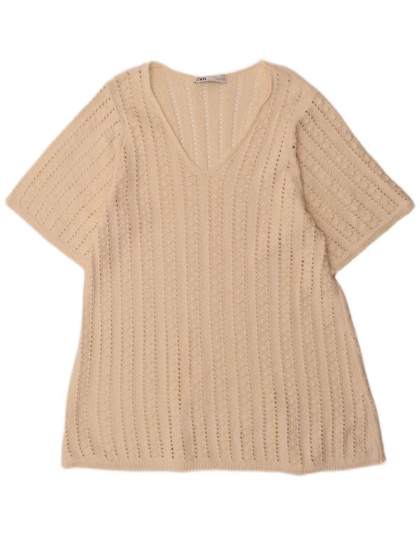 Kurzärmliges Häkel-Pulloverkleid von Zara für Damen, Gr. 14, Mittel, gebrochenes Weiß