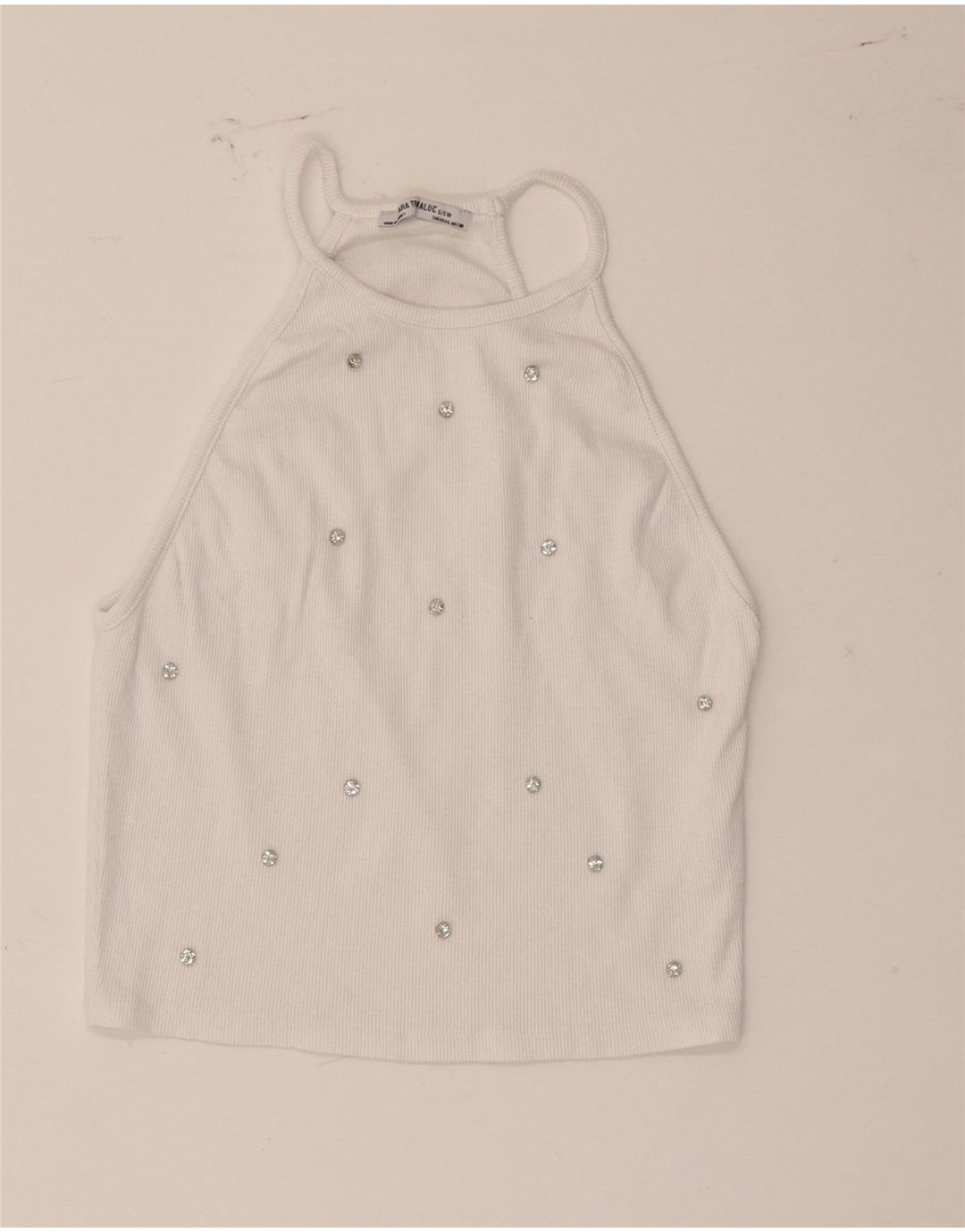 Zara Damen Crop Neckholder Top UK 14 Large Weiß gepunktete Baumwolle