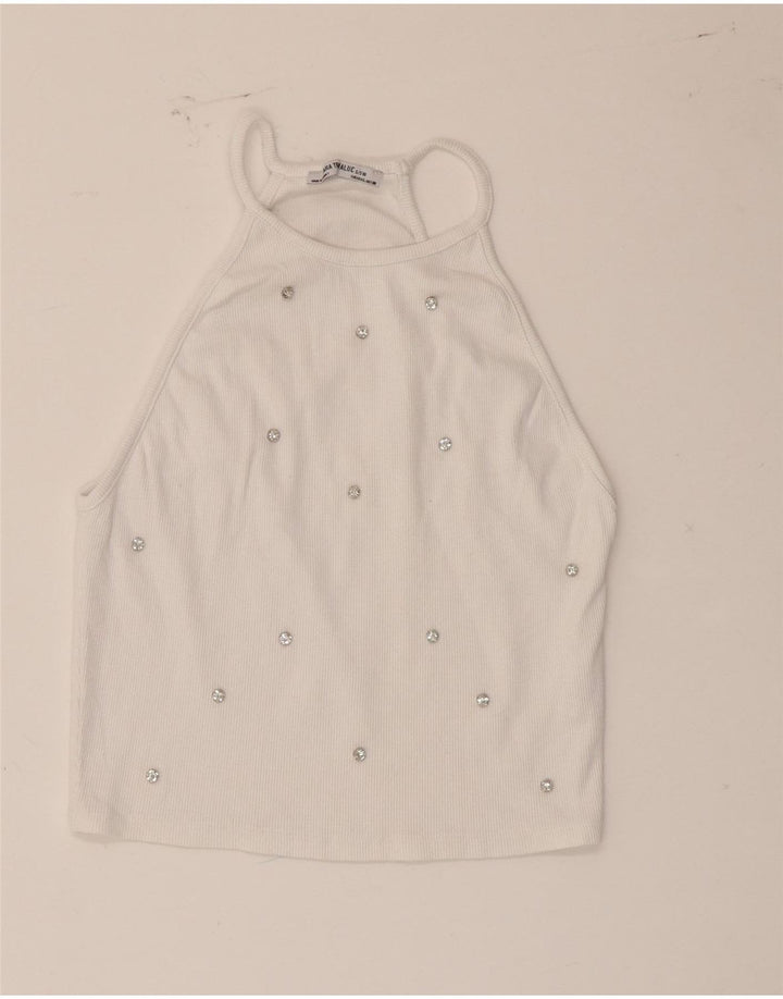 Zara Damen Crop Neckholder Top UK 14 Large Weiß gepunktete Baumwolle