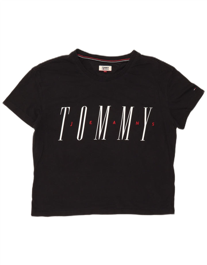TOMMY HILFIGER Damen Crop Oversize Graphic T-Shirt Top UK 10 Small Schwarz