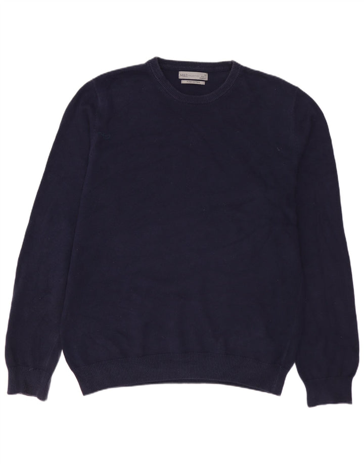 MARKS & SPENCER Herren-Pullover mit Rundhalsausschnitt, mittelmarineblaue Baumwolle