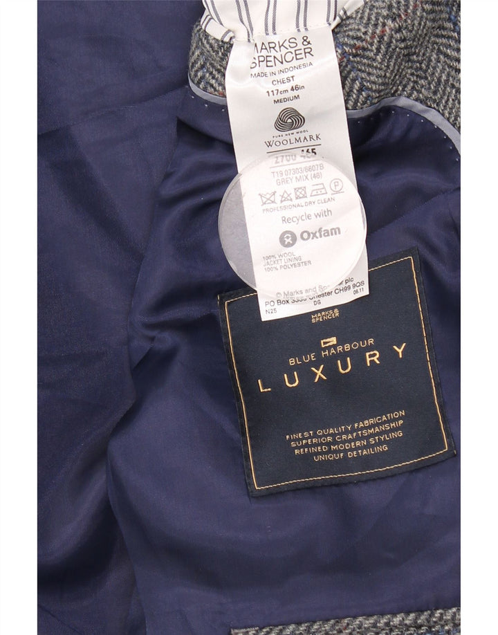 Marks & Spencer Herren-Blazer mit 2 Knöpfen, UK 46, XL, graue Wolle mit Fischgrätenmuster