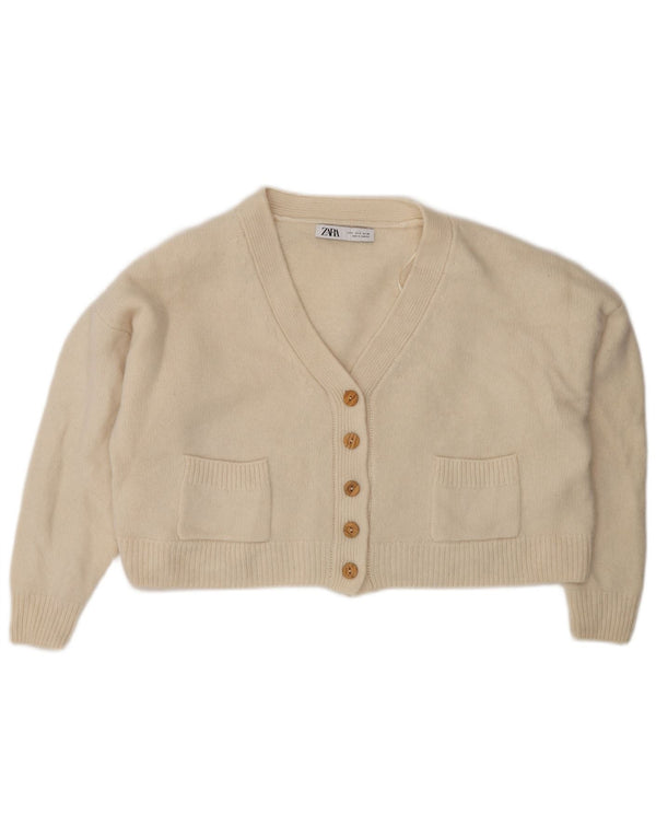 Zara Damen Crop-Oversize-Cardigan-Pullover UK 10 Small Beige Wolle