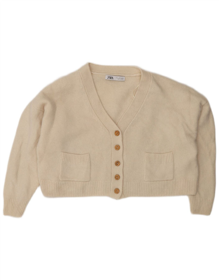 Zara Damen Crop-Oversize-Cardigan-Pullover UK 10 Small Beige Wolle