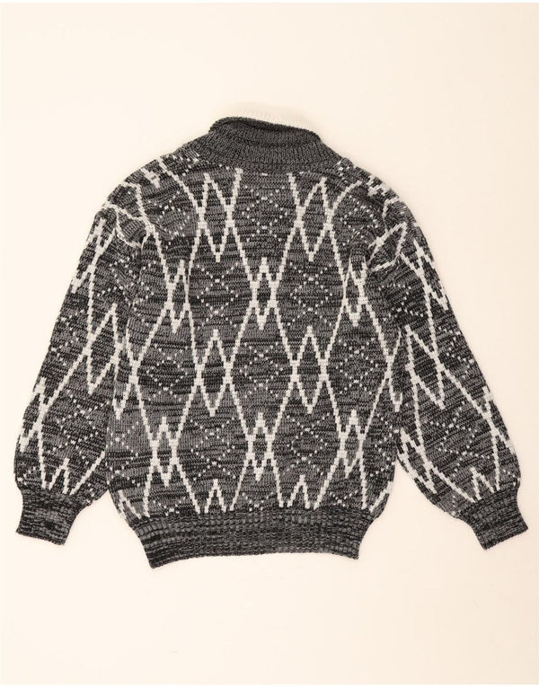 Vintage Mens Shawl Neck Jumper Sweater Medium Grey Geometric