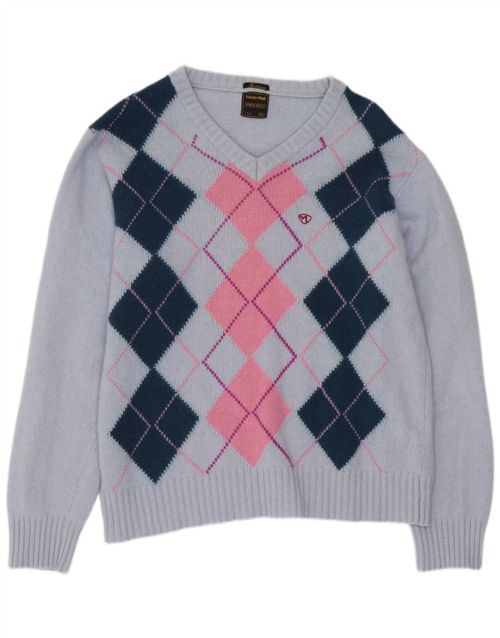 Meltin' Pot Damen-Pullover mit V-Ausschnitt, groß, blaue Argyle-/Diamant-Wolle