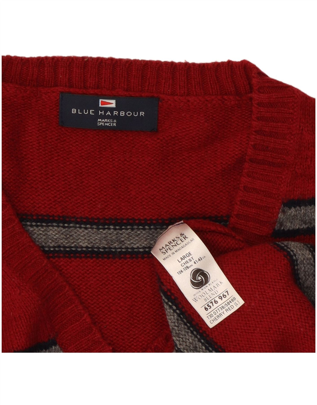 Marks & Spencer Herren-Pullover, blau, Harbour, V-Ausschnitt, groß, rot gestreift