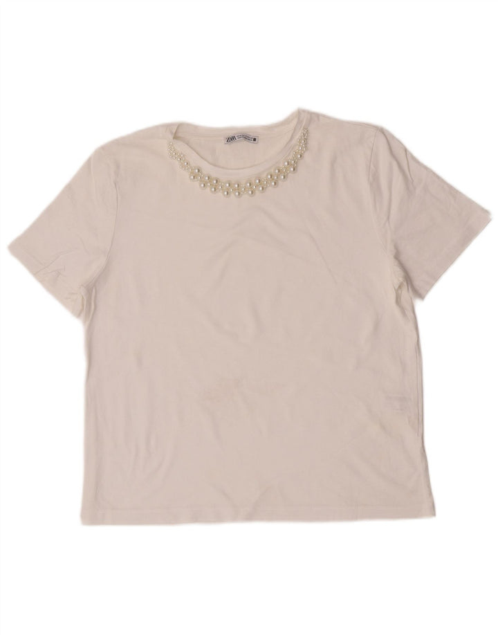 Zara Damen T-Shirt Top UK 14 Mittelweiße Baumwolle