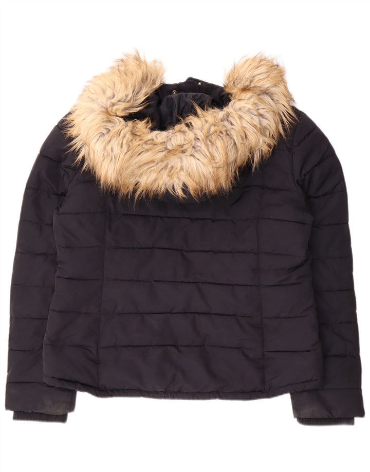 Topshop Damen Kapuzen-Crop-Padded-Jacke UK 14 Medium Marineblau Polyester