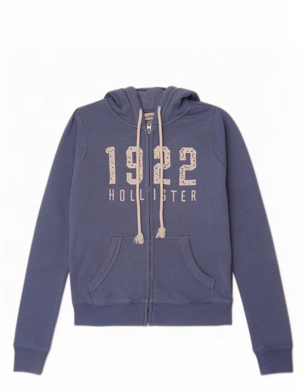 Hollister Womens Graphic Zip Hoodie Sweater UK 10 Small Blau Baumwolle