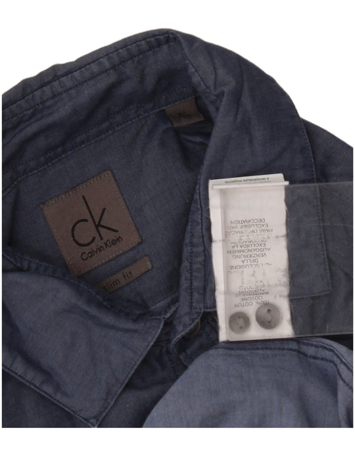 CALVIN KLEIN Herren Slim Fit Hemd Größe 40 Mittelmarineblaue Baumwolle