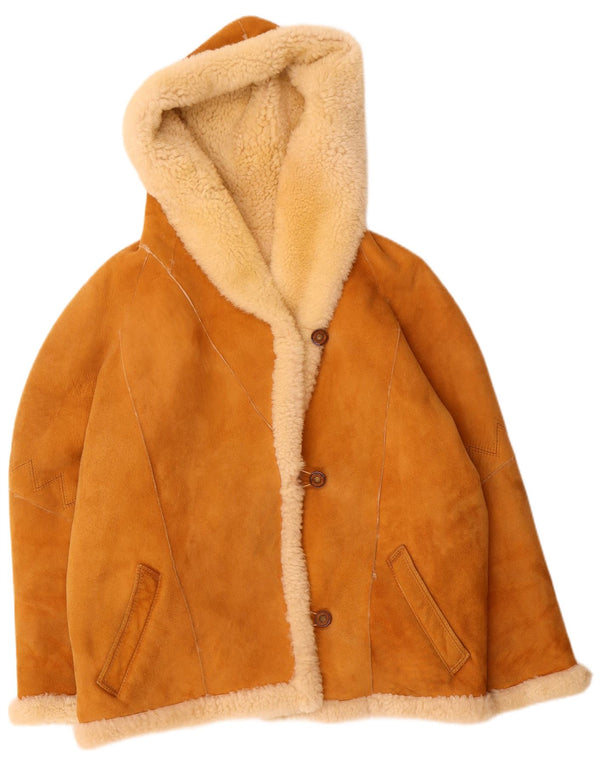 Vintage Damen-Jacke aus übergroßem Lammfell mit Kapuze, EU 40, Mittelbraun