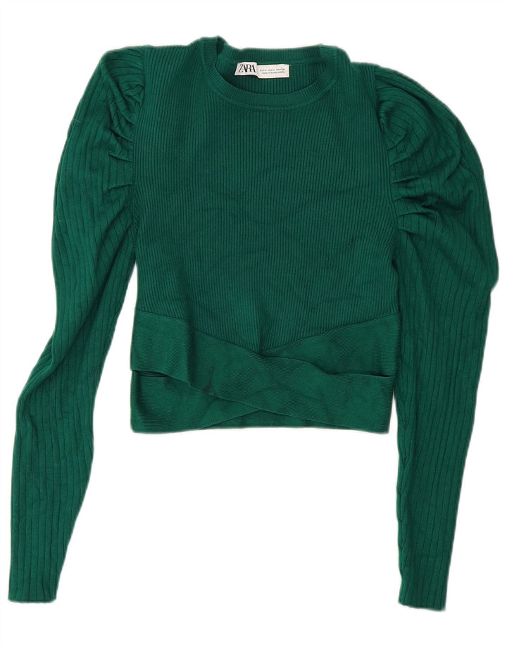 Zara Damen Crop Top Langarm UK 12 Mittelgrüne Viskose