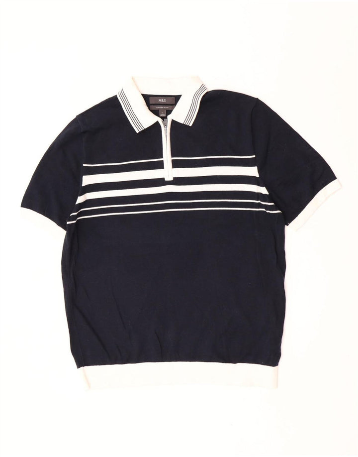 Marks & Spencer Herren-Poloshirt, groß, marineblau, gestreift, Baumwolle