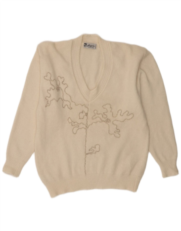 Vintage Damen Pullover mit abstraktem Muster und V-Ausschnitt, Gr. 16, Groß, Weiß