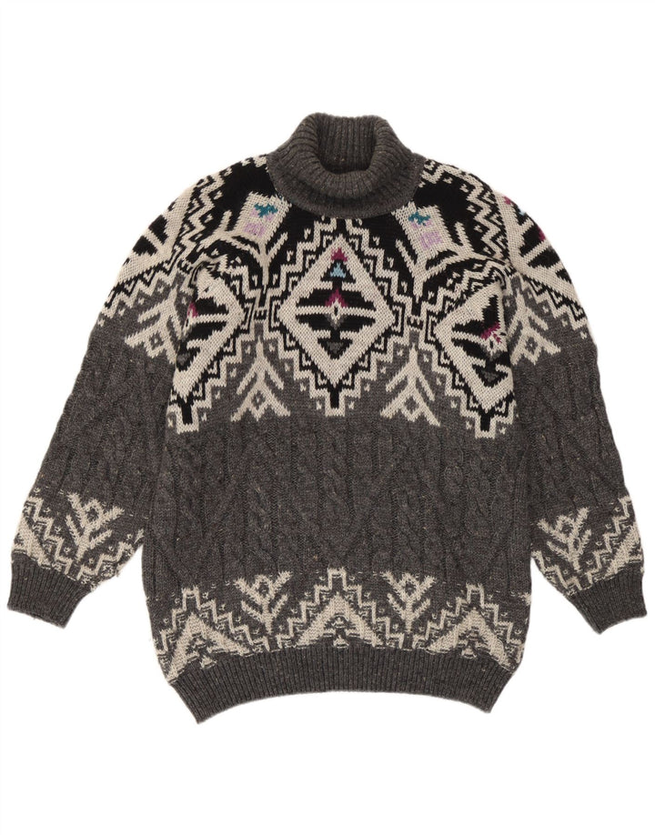 Vintage Damen Rollkragenpullover Pullover UK 14 Mittelgraue Fair-Isle-Wolle