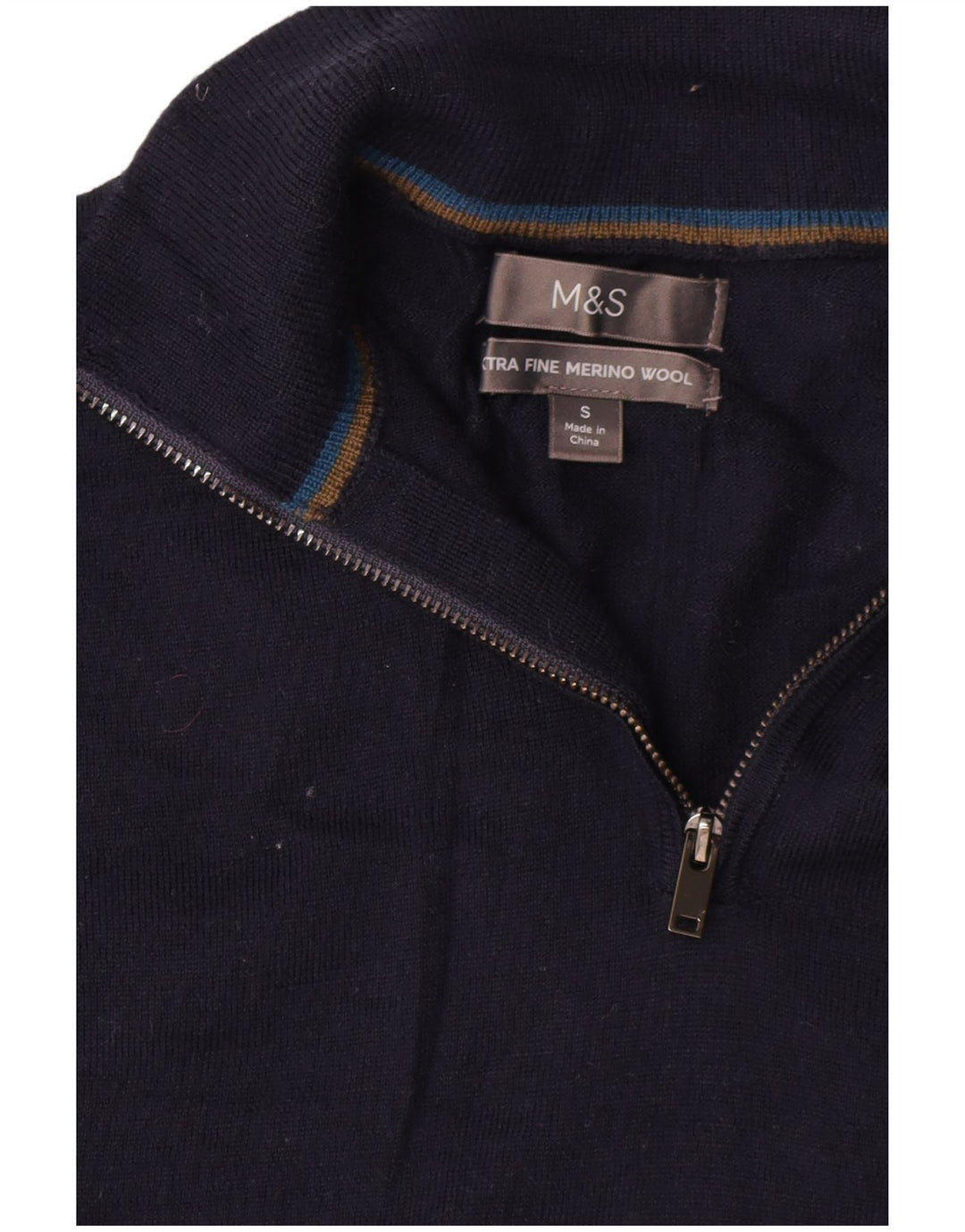 Marks & Spencer Herren-Pullover mit Reißverschluss am Hals, Größe S, marineblaue Merinowolle
