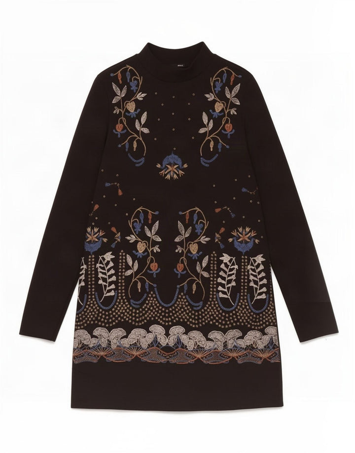 Zara Damen-Etuikleid mit langen Ärmeln, UK 12, Mittelschwarz, Blumenmuster, Polyester