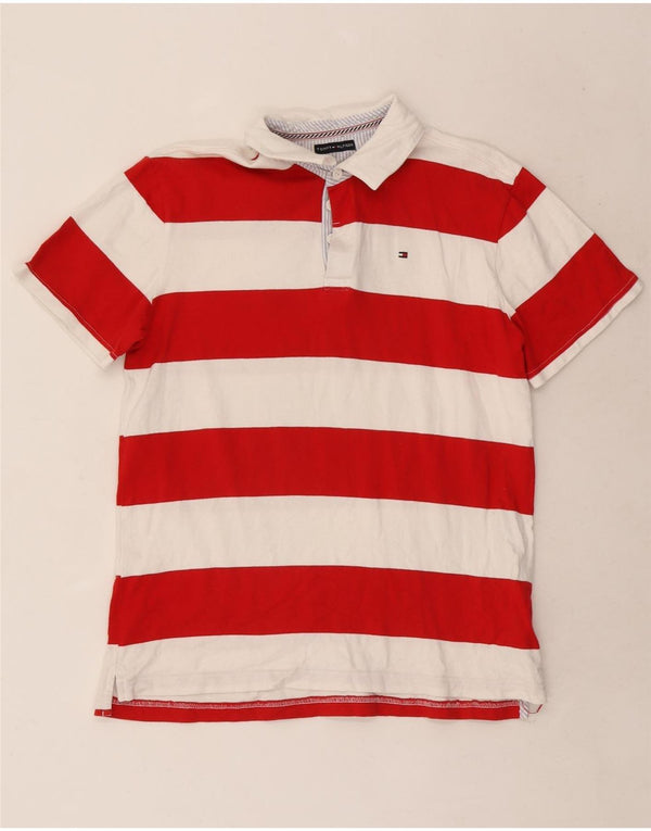 Tommy Hilfiger Herren-Rugby-Poloshirt mit Grafik, mittelrot, gestreift, Baumwolle