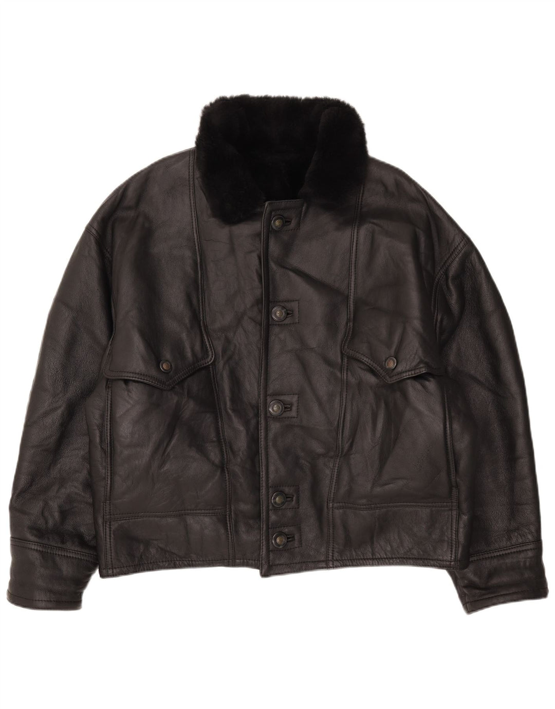 Vintage Herren Shearling Jacke IT 52 XL Schwarzes Leder