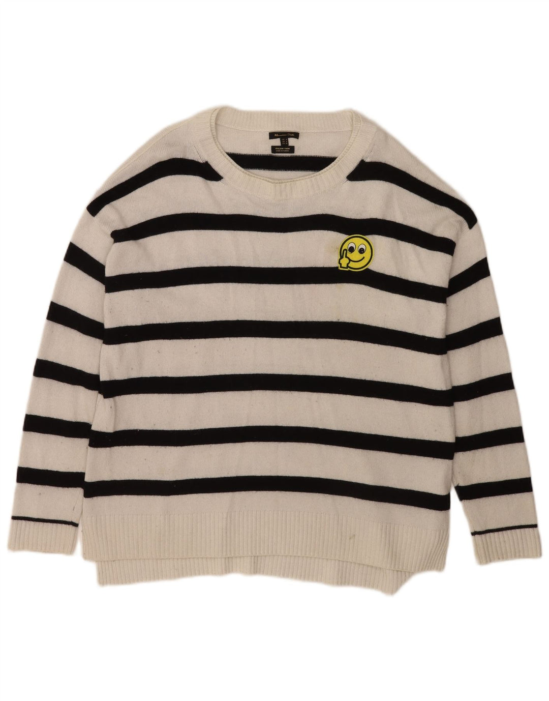 Massimo Dutti Herren-Pullover mit U-Boot-Ausschnitt, mittelweiß gestreifte Viskose