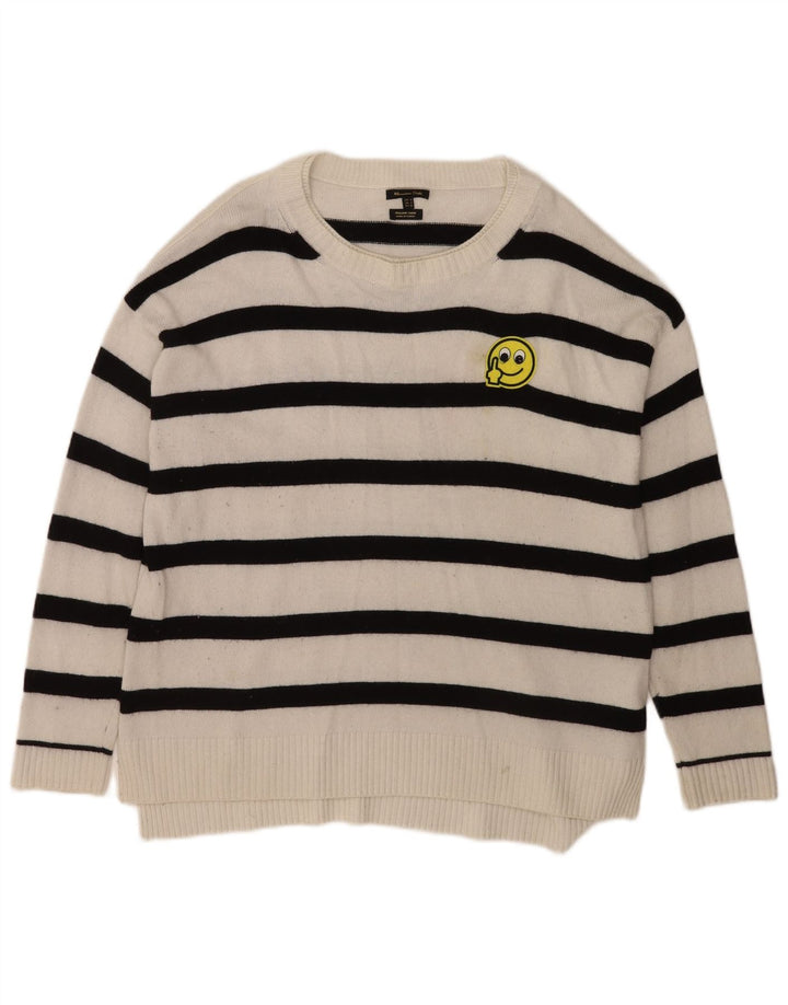 Massimo Dutti Herren-Pullover mit U-Boot-Ausschnitt, mittelweiß gestreifte Viskose