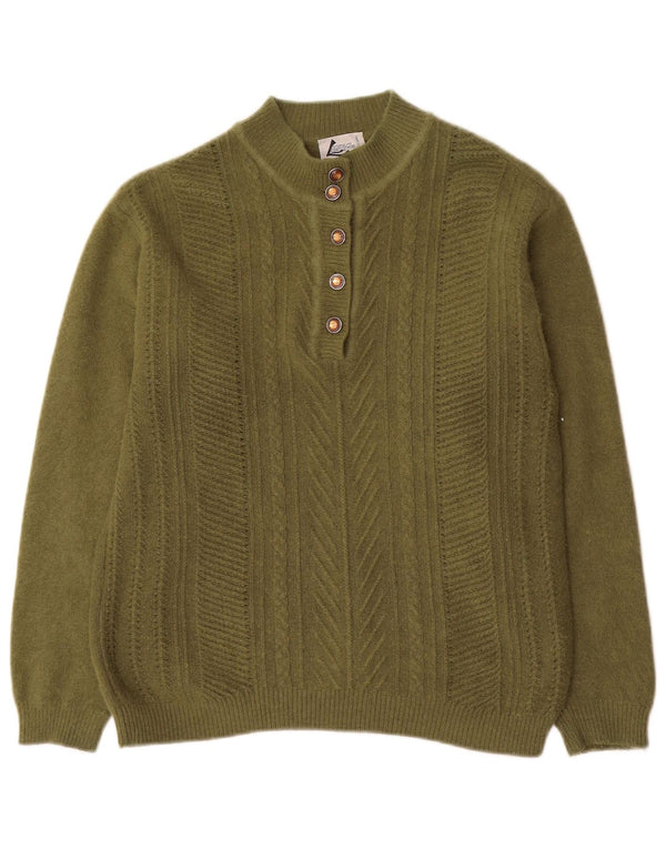 Vintage Damen Pullover mit Knopfkragen, UK 12, Medium Khaki Angora