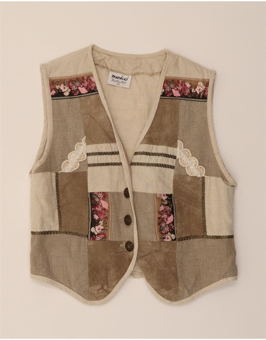 MEICO Womens Landhaus Waistcoat EU 42 Large Beige Patchwork Cotton Vintage Meico and Second-Hand Meico from Messina Hembry 