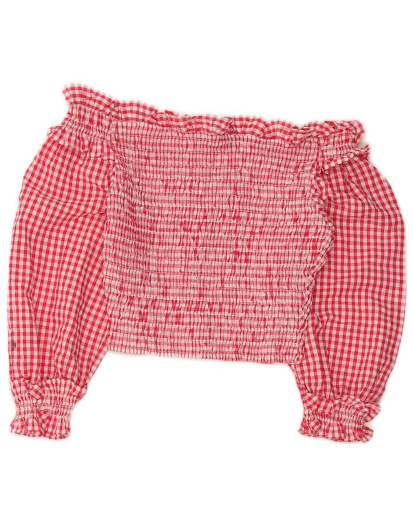 Zara Damen Crop 3/4 Ärmel Off Shoulder Top UK 4 XS Rot Gingham Polyester