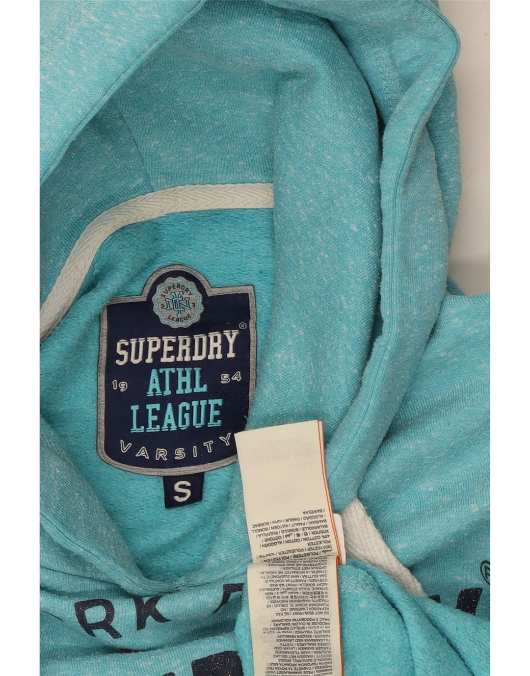 SUPERDRY Damen London Graphic Hoodie Pullover UK 10 Small Blau meliert