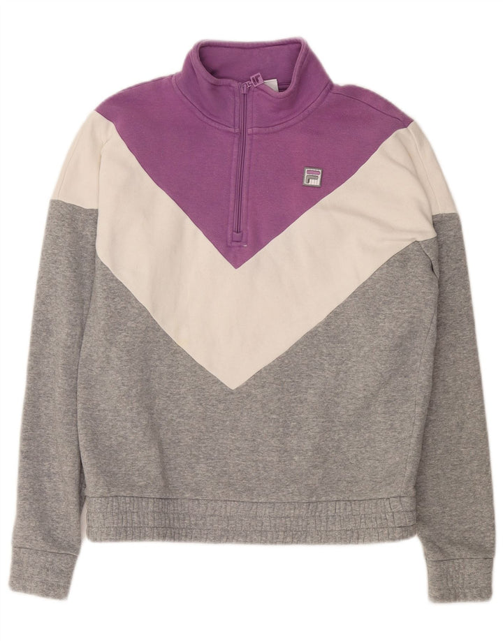 FILA Damen-Sweatshirt mit 1/4-Reißverschluss, UK-Größe 14, mittelgraue Colourblock-Baumwolle