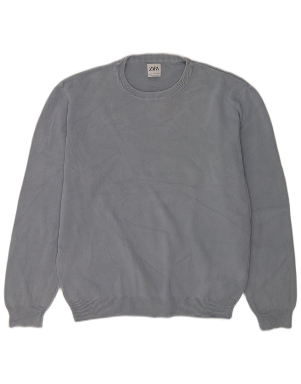 Zara Herren-Pullover mit Rundhalsausschnitt, XL, graue Baumwolle