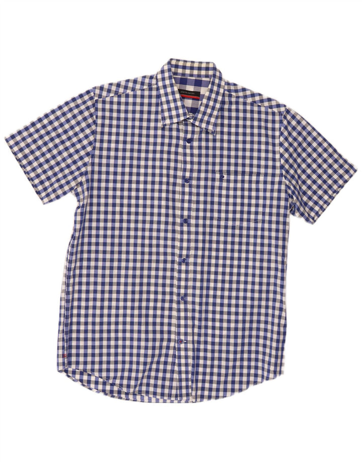 Pierre Cardin Herren-Kurzarmhemd aus mittelblauer Gingham-Baumwolle