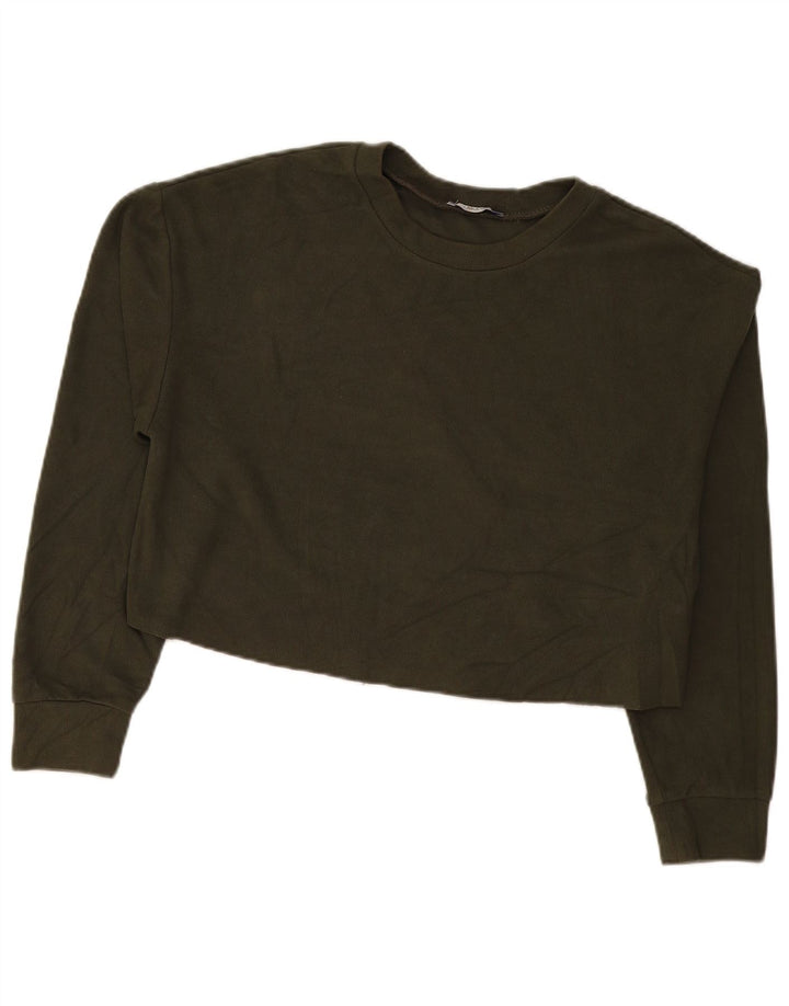 Zara Damen Crop Oversized Top Langarm UK 14 Medium Khaki Baumwolle