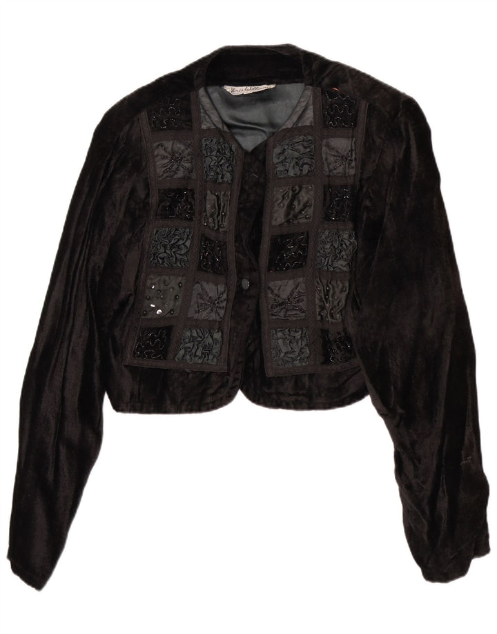 Vintage Damen Samt Bolero Jacke UK 12 Medium Schwarz Patchwork