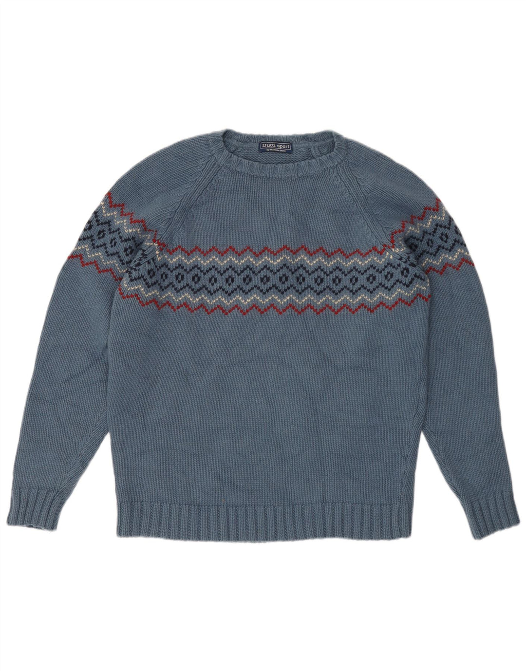 Massimo Dutti Herren-Pullover mit Rundhalsausschnitt, groß, blaue Fair-Isle-Wolle