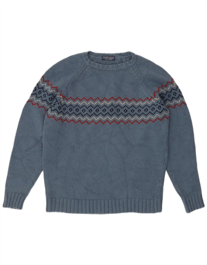 Massimo Dutti Herren-Pullover mit Rundhalsausschnitt, groß, blaue Fair-Isle-Wolle