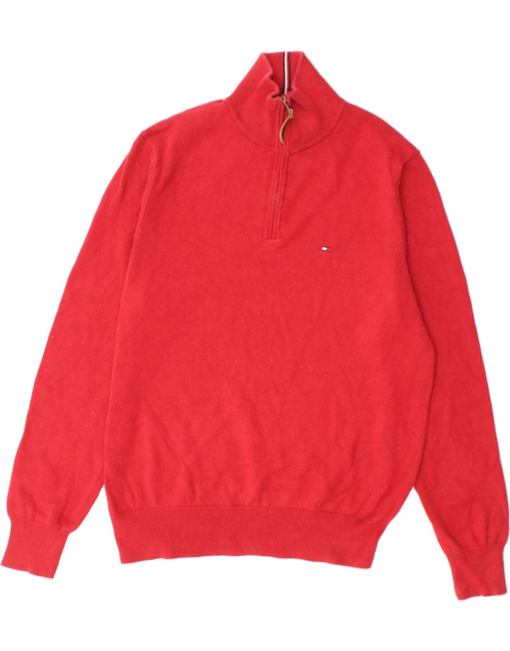 TOMMY HILFIGER Mens Zip Neck Jumper Sweater Small Red Cotton Vintage Tommy Hilfiger and Second-Hand Tommy Hilfiger from Messina Hembry 