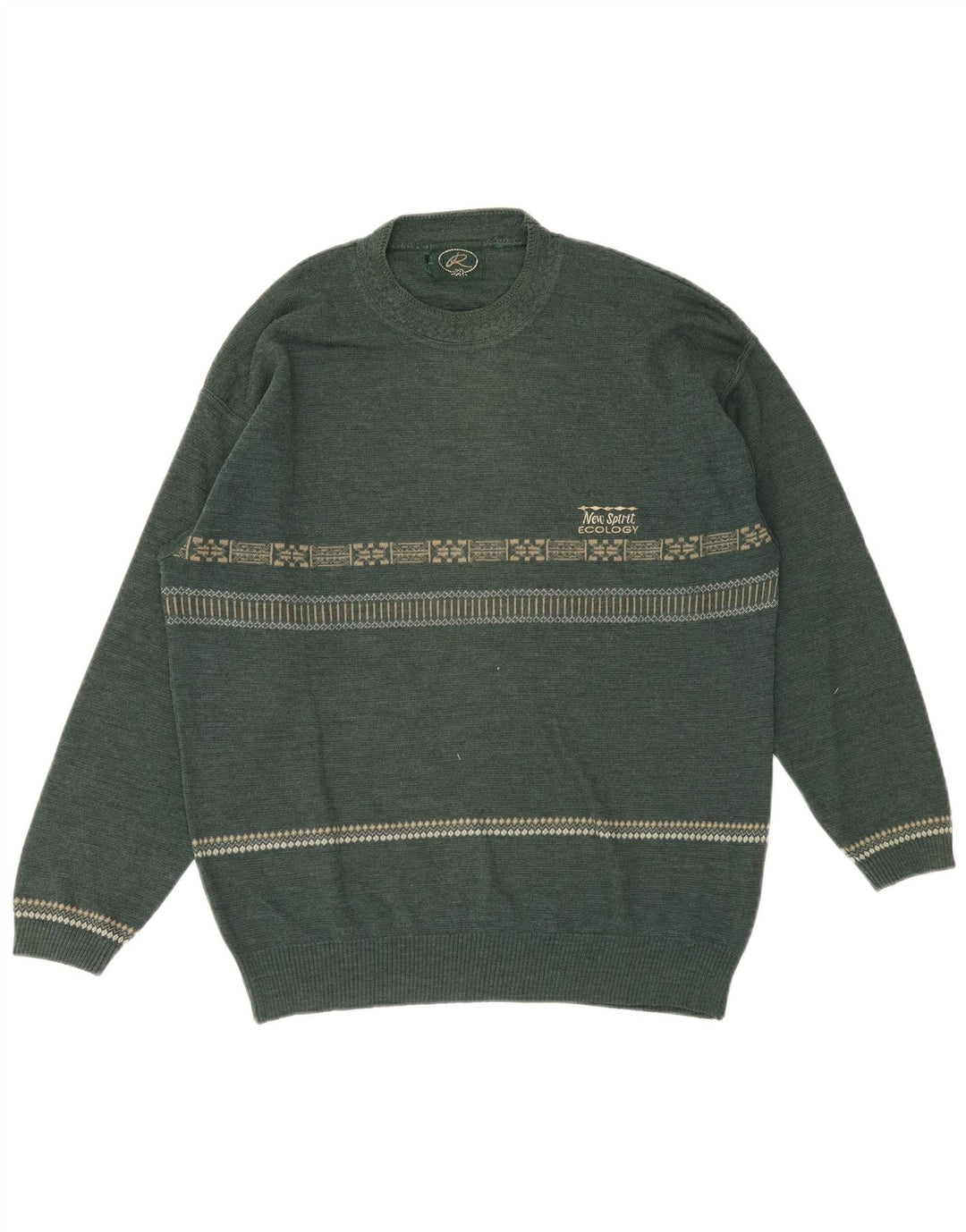 Vintage Herren-Pullover mit Rundhalsausschnitt, mittelgrüne geometrische Wolle
