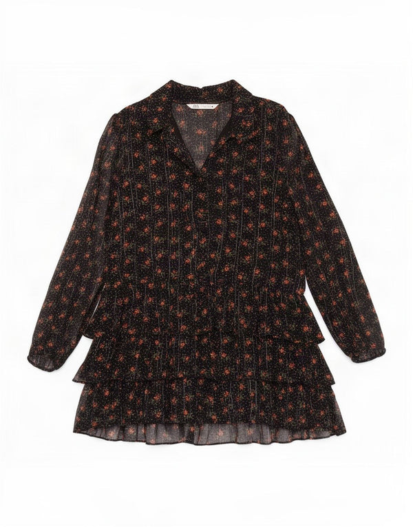 Zara Damen Langarm-Stufenkleid UK 10 Small Schwarz geblümte Viskose