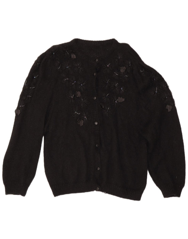 Vintage Damen Oversized Cardigan Pullover UK 16 Großes Schwarz geblümt